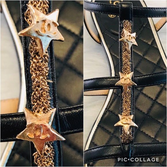 CHANEL Leather Sandals Gold Chain & CC Stars Black - Picture 2 of 8